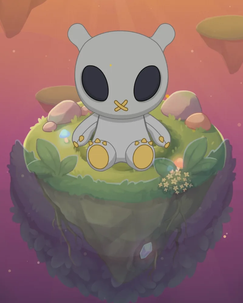 Screenshot from the app: a grey Mymik with golden claws sitting on a small island floating in the sky