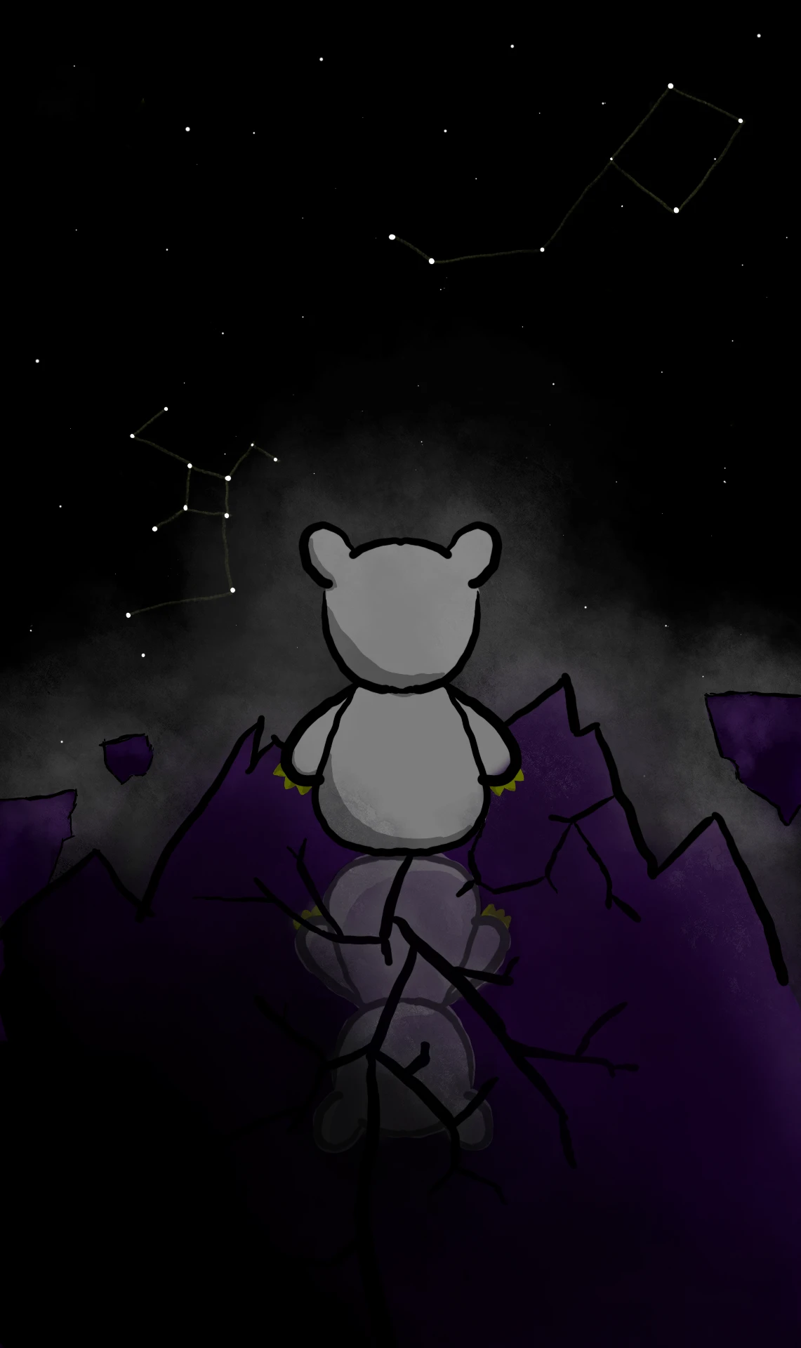 Drawing: a grey Mymik with golden claws sits with its back to us on a cracked purple cliff, looking up at constellations in the night sky. Below it, its reflection shows faintly in the rock.